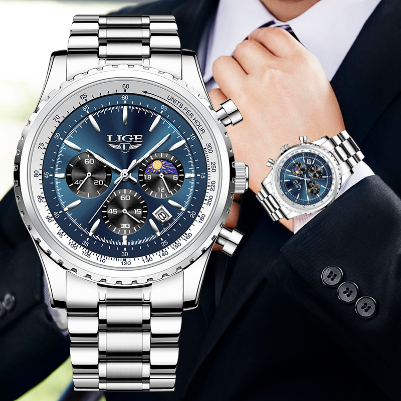 Luxury Watch Exhibition - LIGE 남성용 럭셔리 쿼츠 시계, 문페이즈