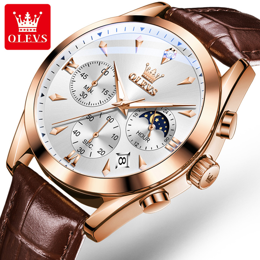 Luxury Watch Exhibition - OLEVS 남성용 가죽 쿼츠 시계, 방수