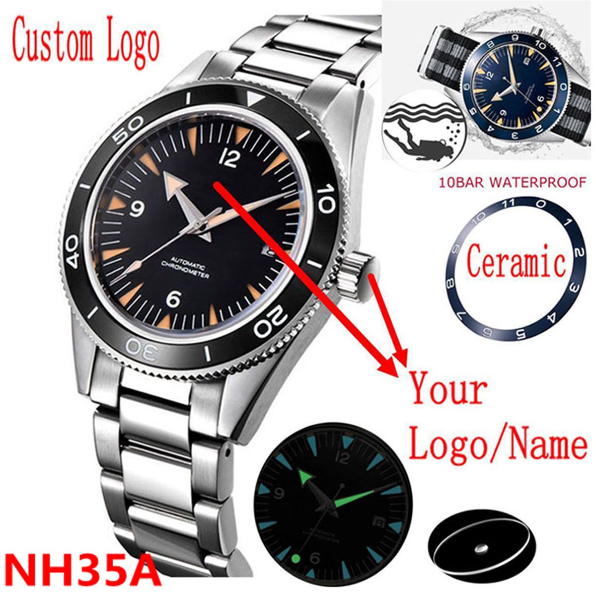 사용자 정의 로고 NH35 무브먼트 시계 10bars  - Luxury Watch Logo 리뷰 및 가격