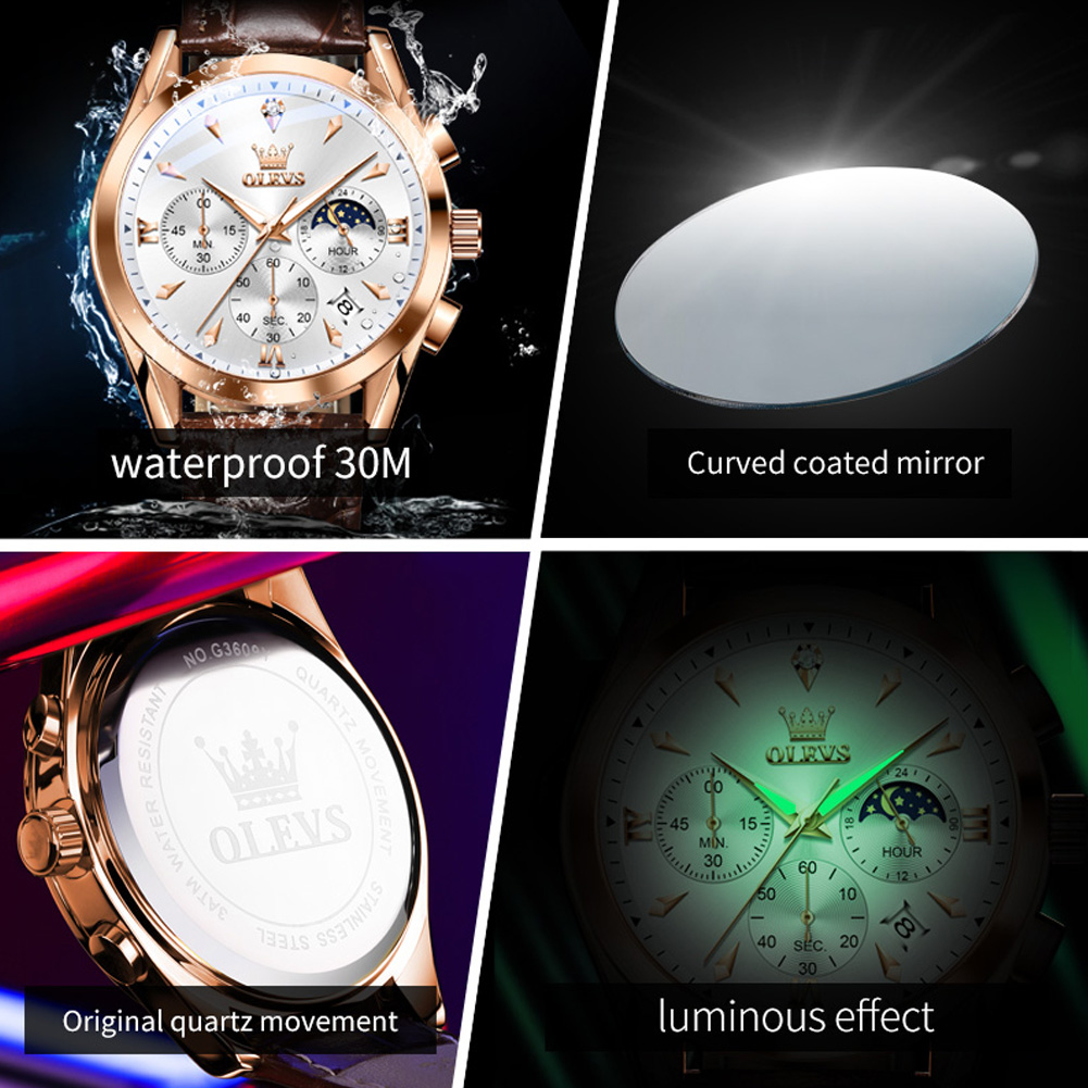 OLEVS 남성용 가죽 쿼츠 시계, 방수 야광 달력,  - Luxury Watch Exhibition 리뷰 및 가격